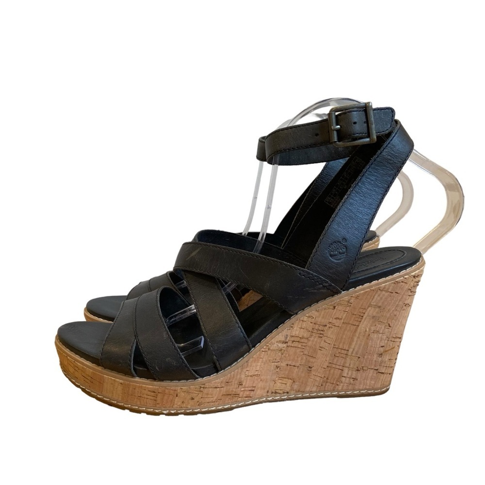 Timberland Danforth black leather heeled sandals strappy design cork wedges 10